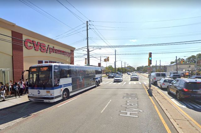 A Google Map image of the intersection of Hylan Boulevard and Ebbits, which are wide streets. An MTA Express bus is seen as well.
